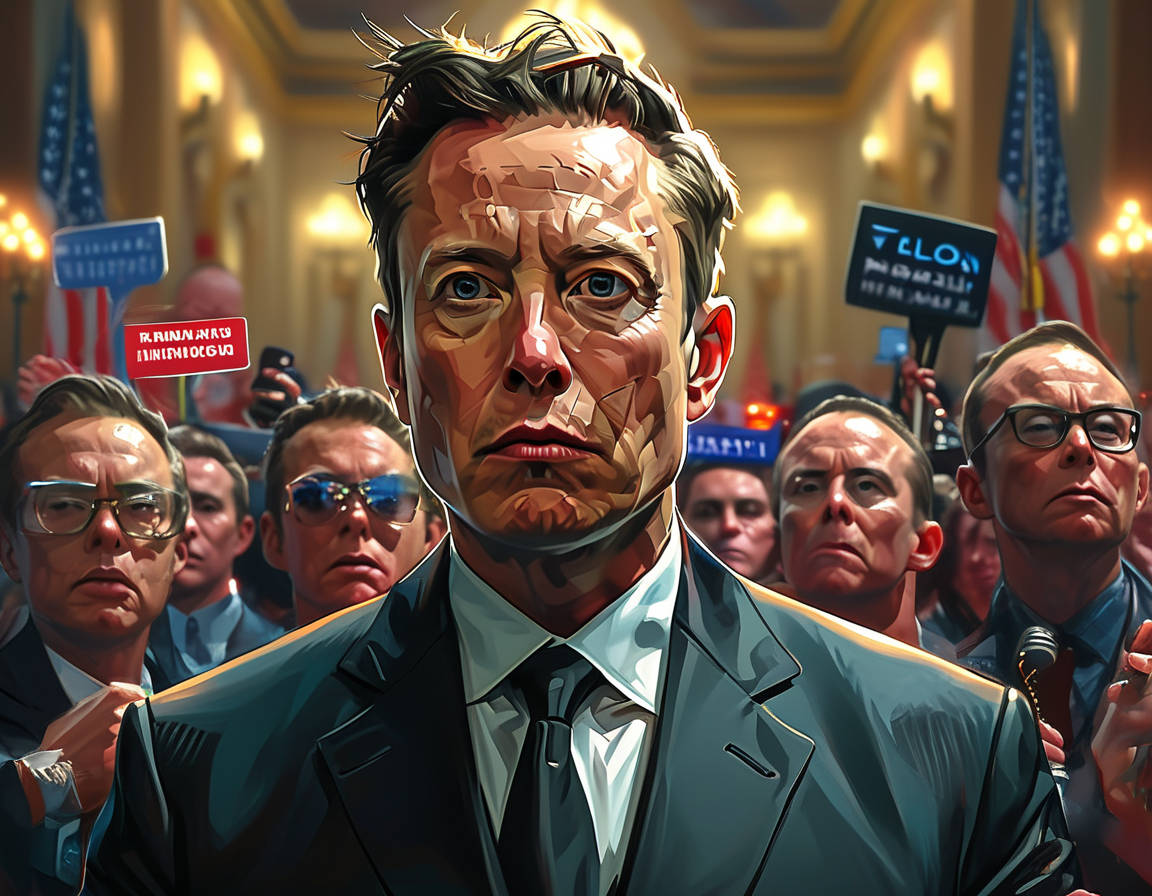 A graphic representation of a divided Congress with Democrats and Republicans debating, while Elon Musk's tweets hover above, showcasing the impact of his online presence on political discourse.