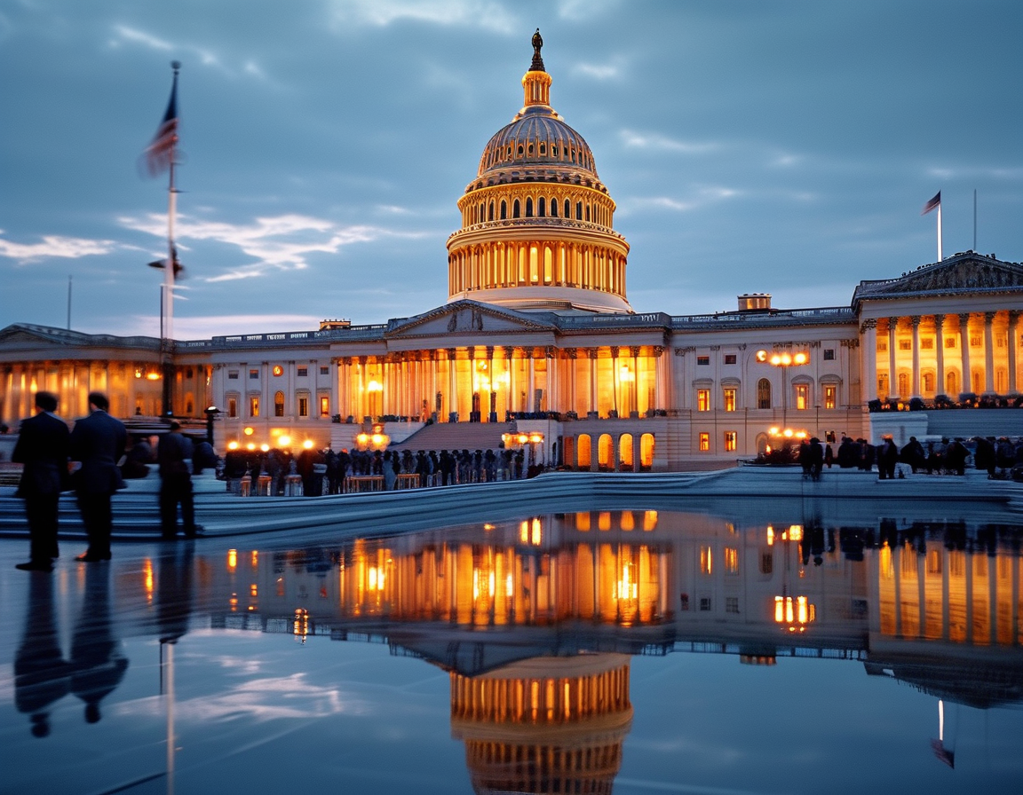 An image of the U.S. Capitol building during twilight, with lawmakers and aides gathering outside, highlighting the urgency and tension surrounding the last-minute funding bill discussion.