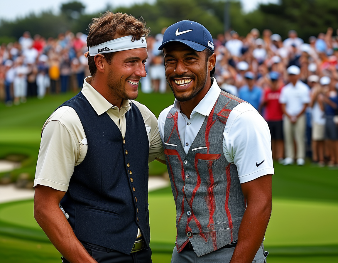 An action shot capturing Scottie Scheffler in mid-swing at a prestigious tournament, with Ted Scott observing closely, showcasing their teamwork and synergy on the course.
