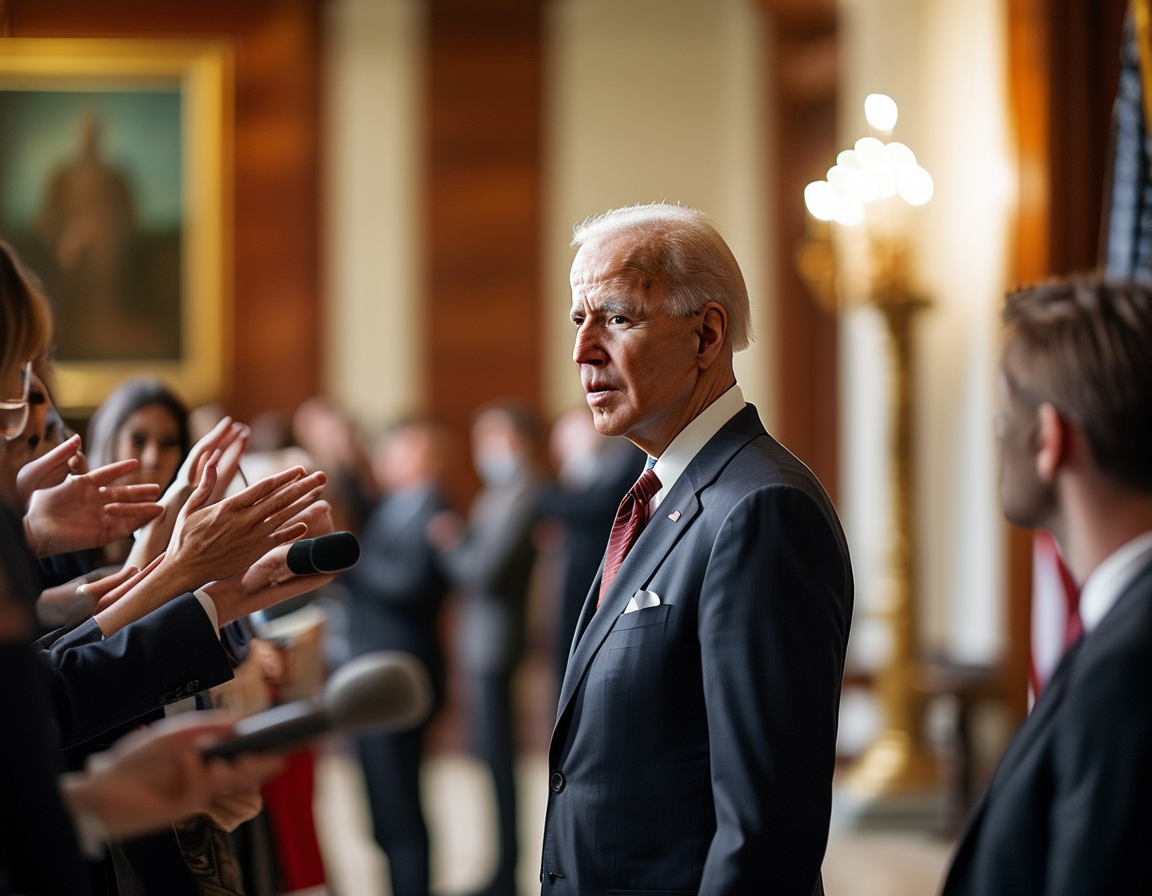A tense atmosphere in Washington D.C. during a press briefing, with reporters anxiously raising hands to inquire about President Biden's silence on the government shutdown, showcasing the urgency of the situation.