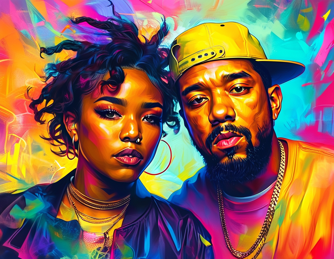 An artistic representation of SZA and Kendrick Lamar in a recording studio, capturing the essence of their collaboration with vibrant colors and musical elements surrounding them.