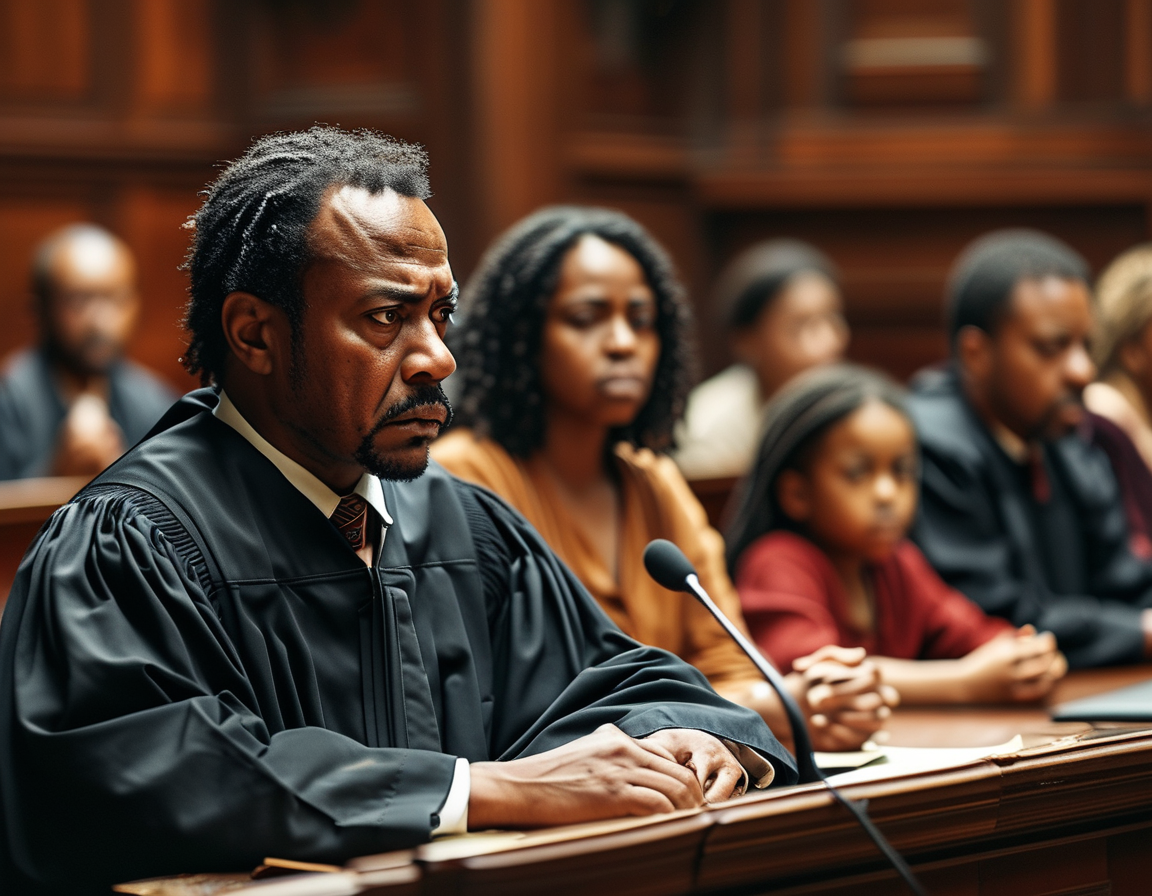 A somber courtroom scene, with a judge presiding over a trial related to child neglect. The atmosphere is tense, reflecting the serious nature of the case against the accused.