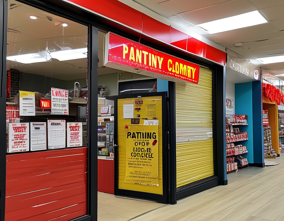An empty party supply aisle inside a Party City store, showcasing the once vibrant space now devoid of life and celebration supplies, symbolizing the end of an era.