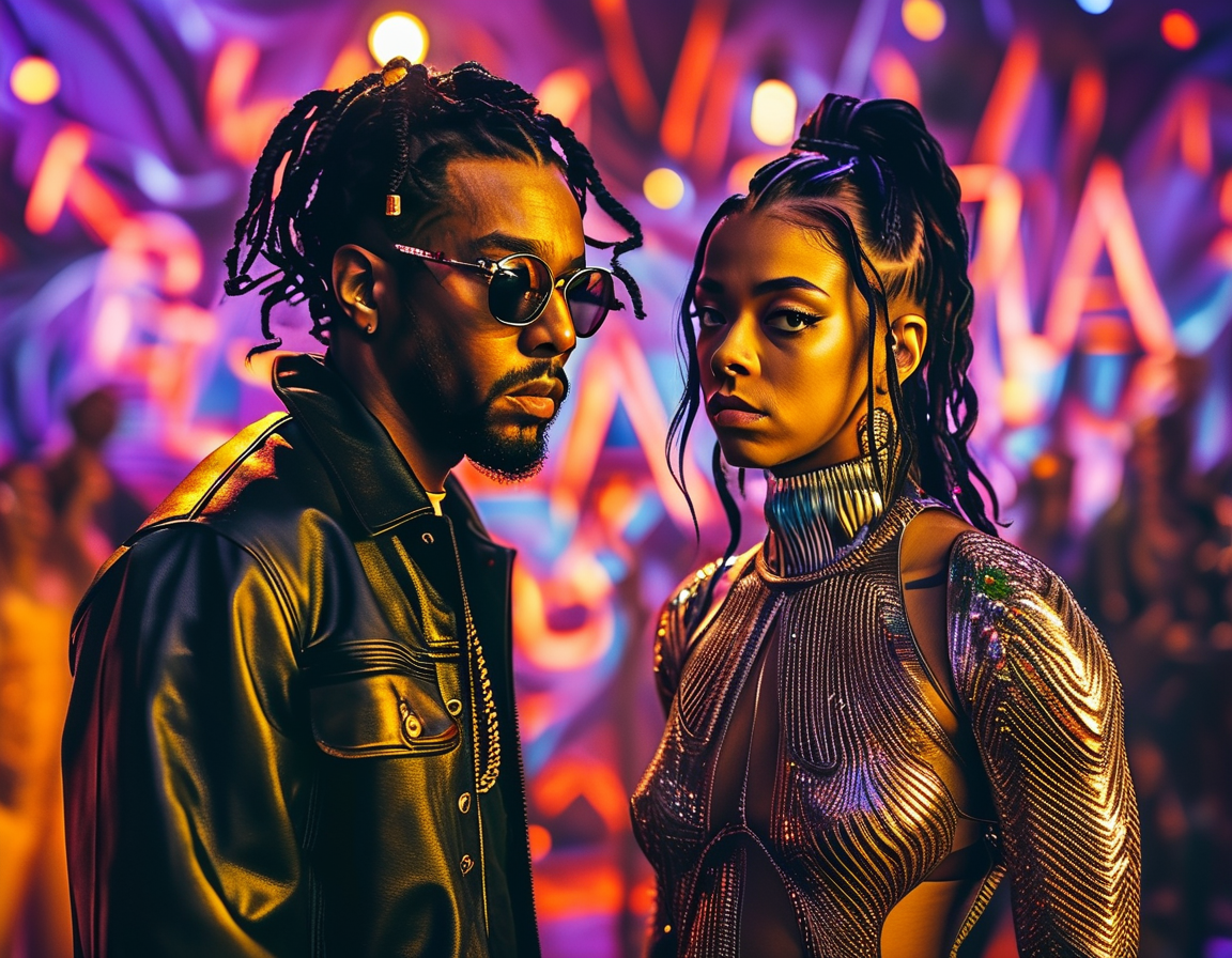 Kendrick Lamar and SZA in a dynamic performance scene, embodying the tension and chemistry present in their recent collaborations and ongoing industry rivalries.