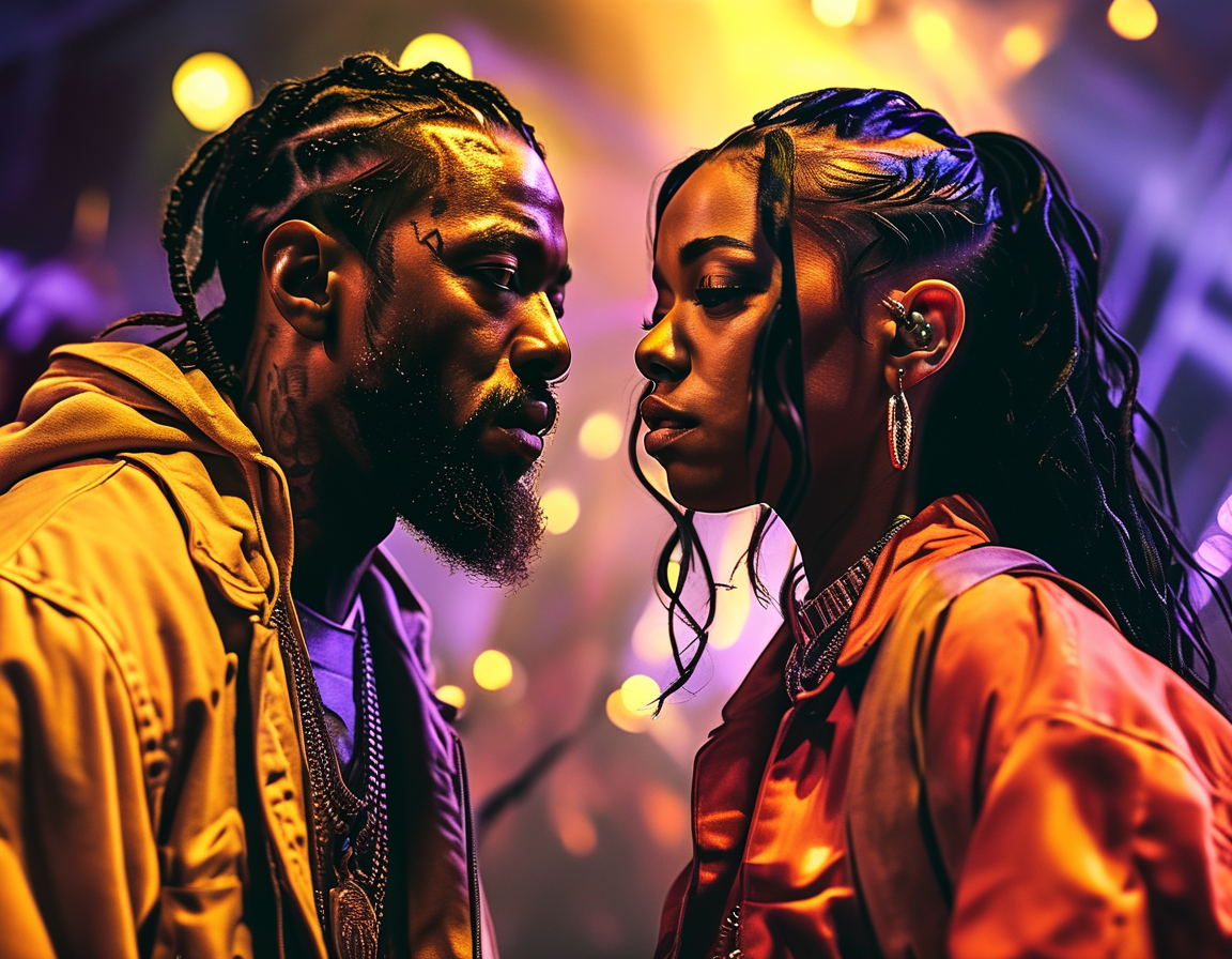 A stage spotlight shining on two microphones, signifying the competition and creative battles in the hip-hop industry involving Kendrick Lamar, SZA, and Drake.