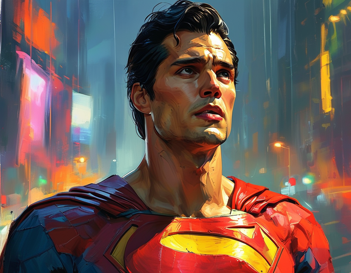An artistic rendering of the new Superman, capturing his emotion-filled expression amidst a vibrant cityscape, symbolizing hope and vulnerability.