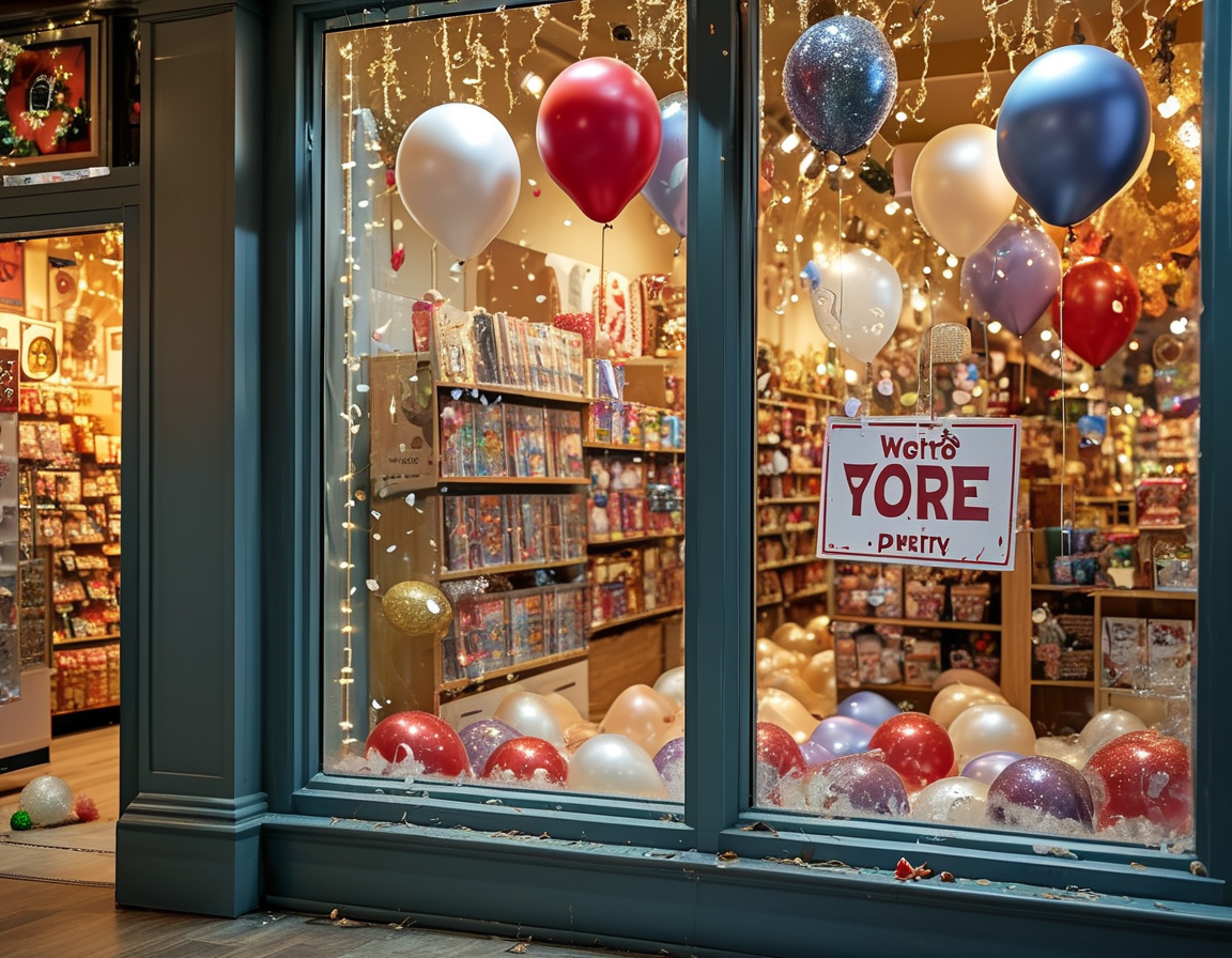 A somber closing sign hangs in the window of a deserted Party City store, falling balloons and unused decorations reflect the demise of the once-bustling party supply retailer.