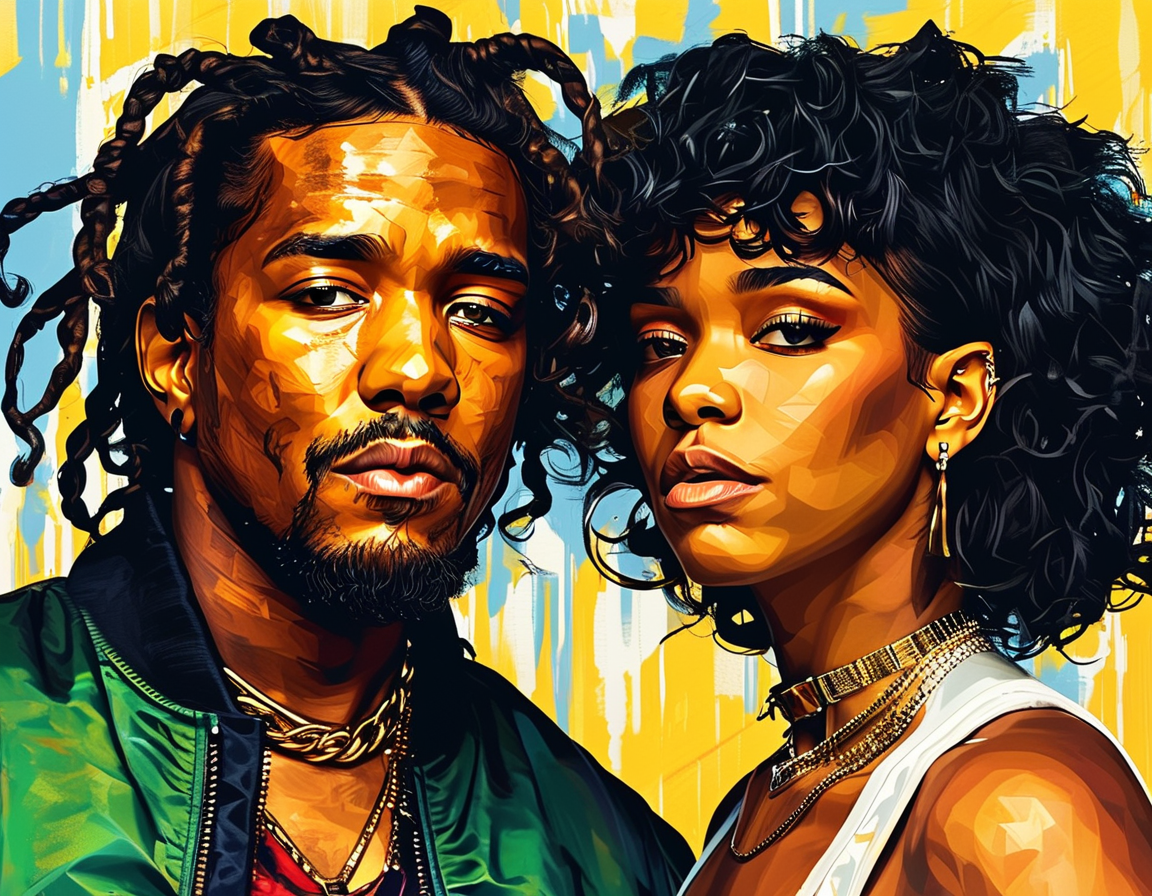 An artistic representation of SZA and Kendrick Lamar performing together on stage, showcasing their chemistry and connection through their music.