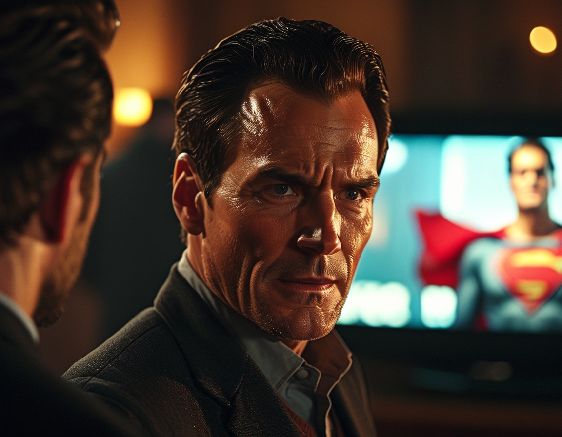 An intense scene from the Superman trailer showcasing Lex Luthor glaring at a television displaying Superman's celebration, with a shadowy figure looming behind.