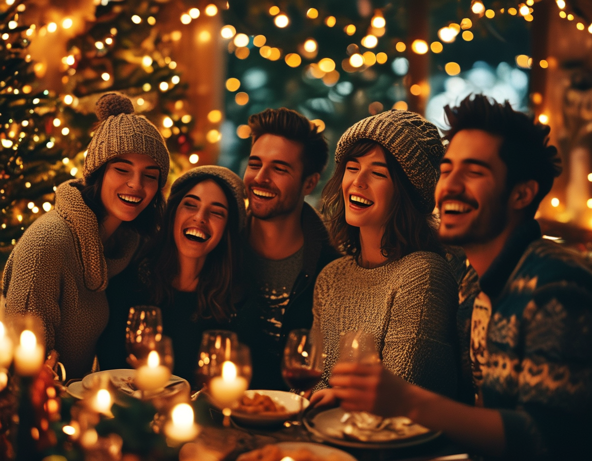 A cozy holiday gathering with friends singing along to 'Last Christmas,' surrounded by twinkling lights and festive decorations, capturing the warmth and nostalgia of the season.