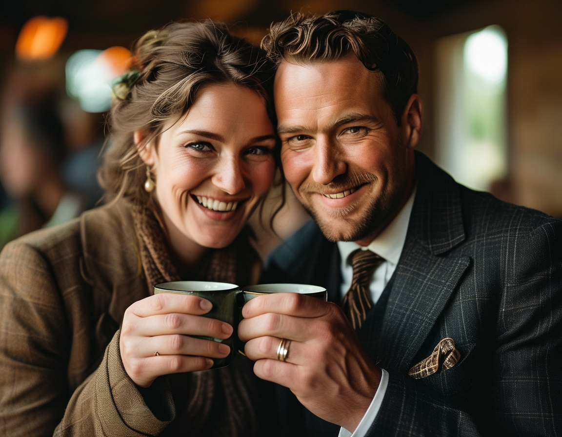 A touching wedding day photo of William Sadler and Marni Bakst, capturing their joy as they celebrate their union with mugs in hand, symbolizing their partnership and shared life.
