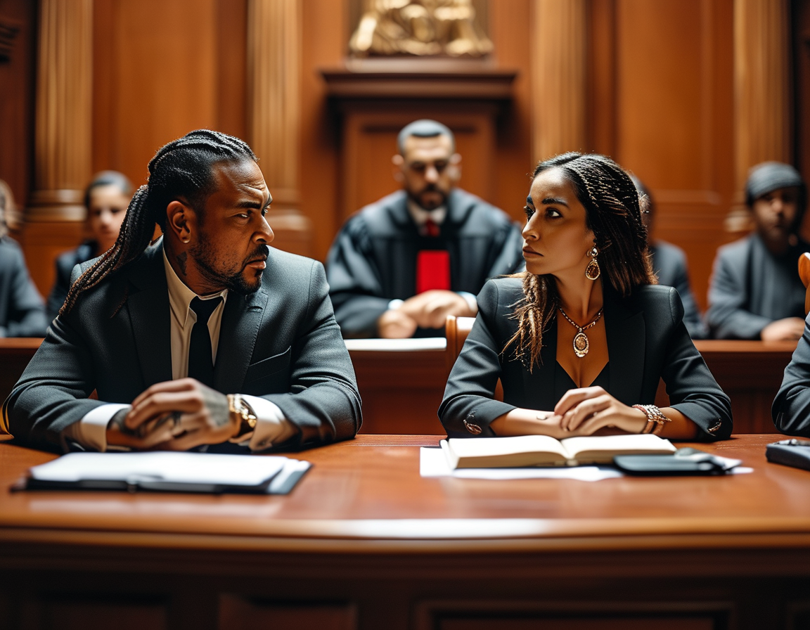 An image of a tense courtroom scene, capturing Daddy Yankee and Mireddys González seated at a table, flanked by their legal teams, with the judge presiding over a case that involves significant financial disputes.