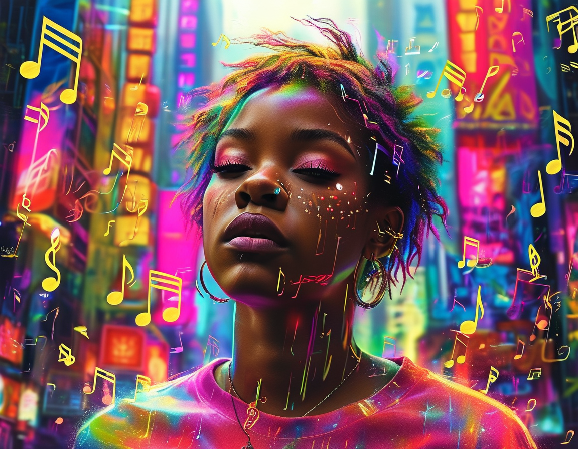An artistic representation of SZA in a vibrant urban setting, surrounded by musical notes, reflecting the emotion and energy of her new album SOS Deluxe: LANA.