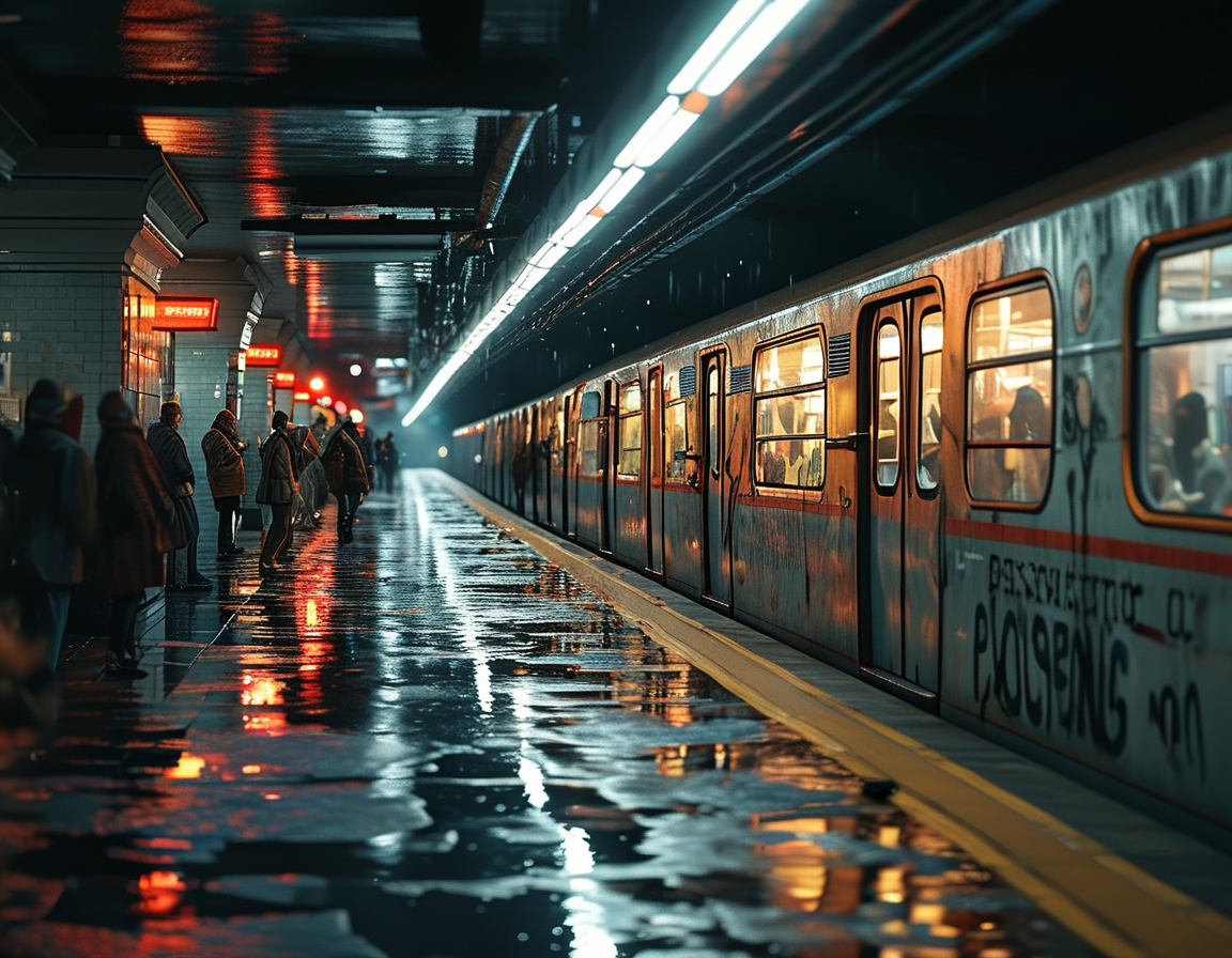 A subway platform scene showing a chaotic moment as bystanders react in shock and horror, with flashing police lights illuminating the area, emphasizing the urgency of the situation.