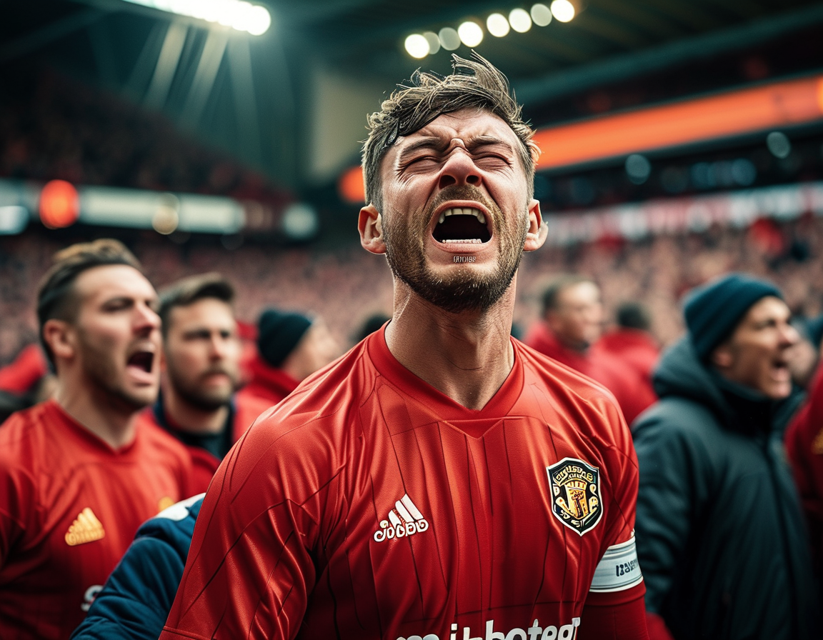 An intense moment from the match showing Manchester United players in despair after conceding a goal, with Bournemouth celebrating in the background. The atmosphere at Old Trafford is tense and somber as fans react to the unexpected outcome.