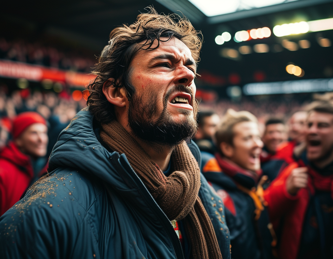 Fans of both Manchester United and Bournemouth display contrasting emotions in the stands, with the United supporters looking dejected while Bournemouth fans celebrate their victorious performance, showcasing the rivalries in football.