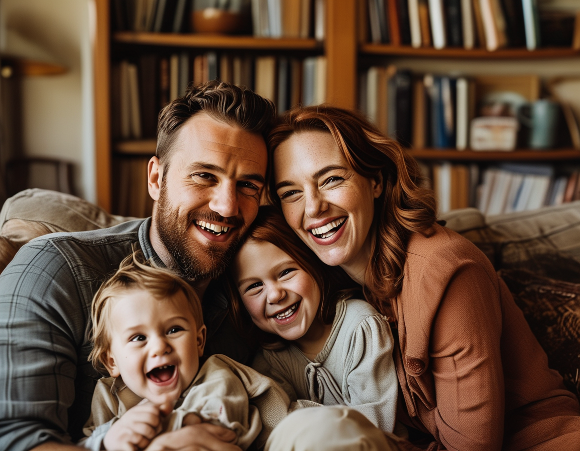 An intimate family portrait of Colin Jost and Scarlett Johansson with their children, Cosmo and Rose, laughing together in a cozy living room, symbolizing their strong family bond.