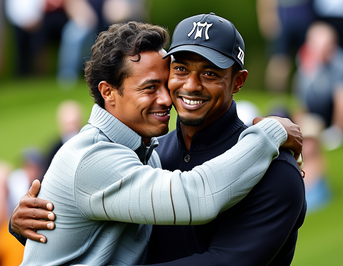 An emotional moment as Tiger Woods embraces his son Charlie after Charlie's incredible hole-in-one at the PNC Championship, celebrating their bond on the golf course.