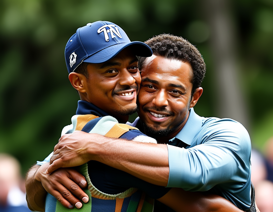 Charlie Woods celebrating with his father Tiger Woods and playing partners after his hole-in-one, surrounded by the lush green of the golf course filled with fans cheering.