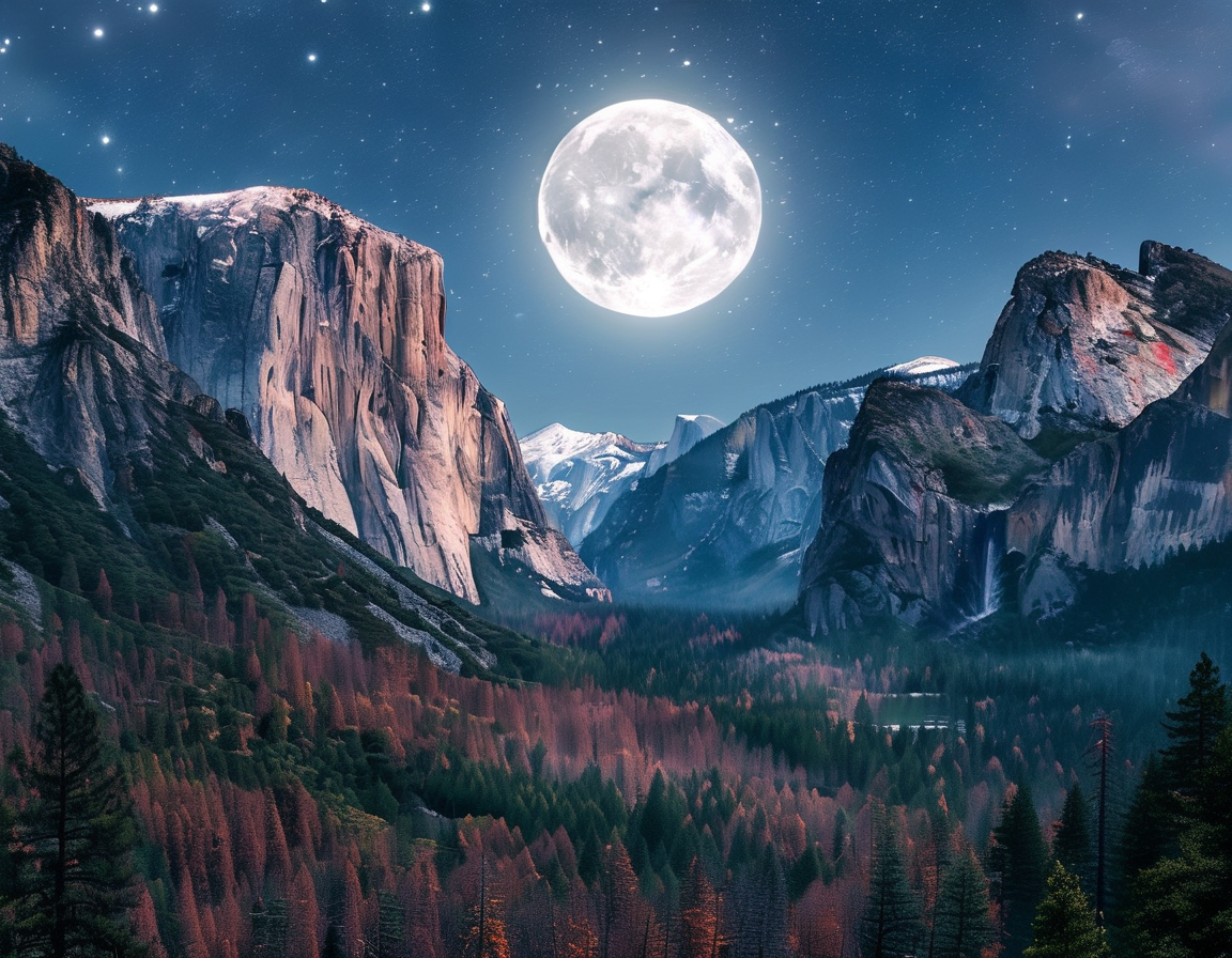 A breathtaking view of Yosemite National Park under a bright full moon, casting silvery light on granite cliffs and serene landscapes, with starry skies in the background.