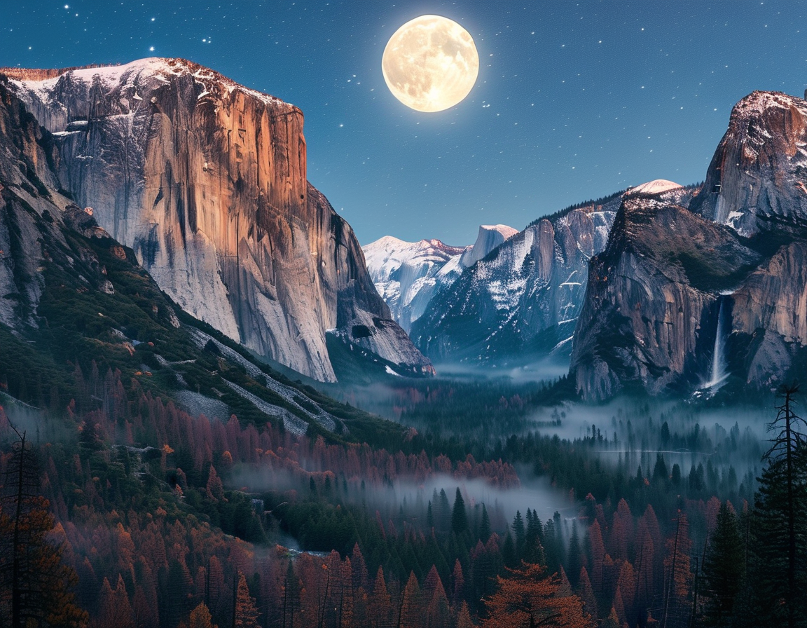 A group of friends gathered at Glacier Point, sipping hot cocoa and marveling at the mesmerizing full moon, surrounded by the majestic natural beauty of Yosemite.