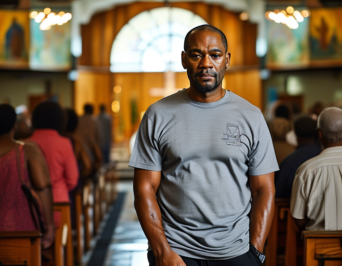 A serene view of Kelly Temple Church during Denzel Washington's baptism, with congregation members engaged in a moment of spirituality and celebration.