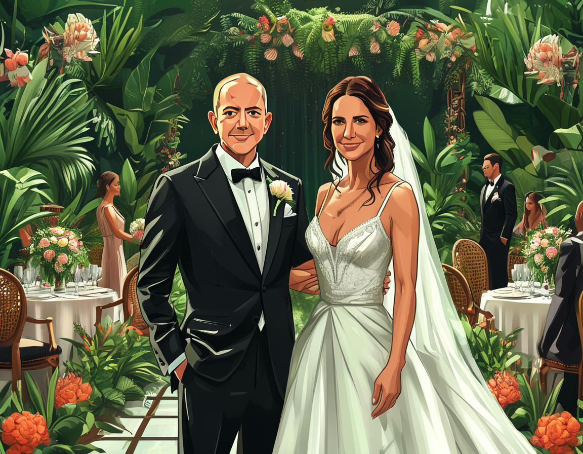 An illustration depicting Jeff Bezos and Lauren Sanchez at a luxurious wedding venue, surrounded by lush greenery, decorated tables, and elegant guests, symbolizing the extravagant rumor.