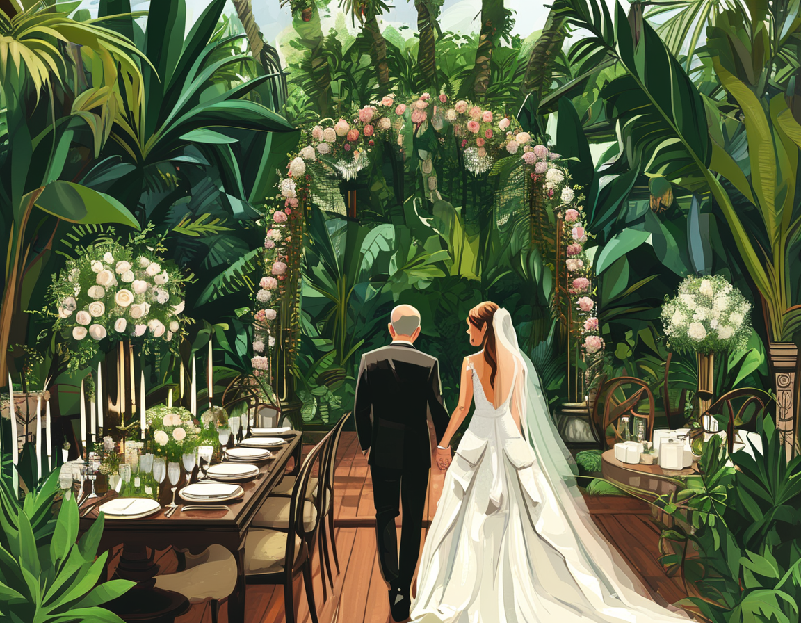 A humorous cartoon showing Jeff Bezos looking at headlines about his rumored wedding with a puzzled expression, referencing tweets and social media reactions to debunk the rumors.