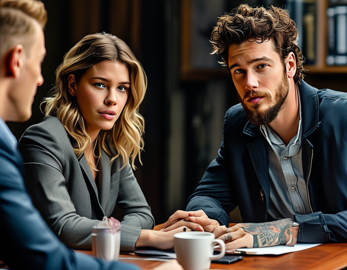 An intense boardroom meeting with Blake Lively, Justin Baldoni, and Sony Pictures executives, capturing the gravity of the allegations discussed concerning workplace safety.