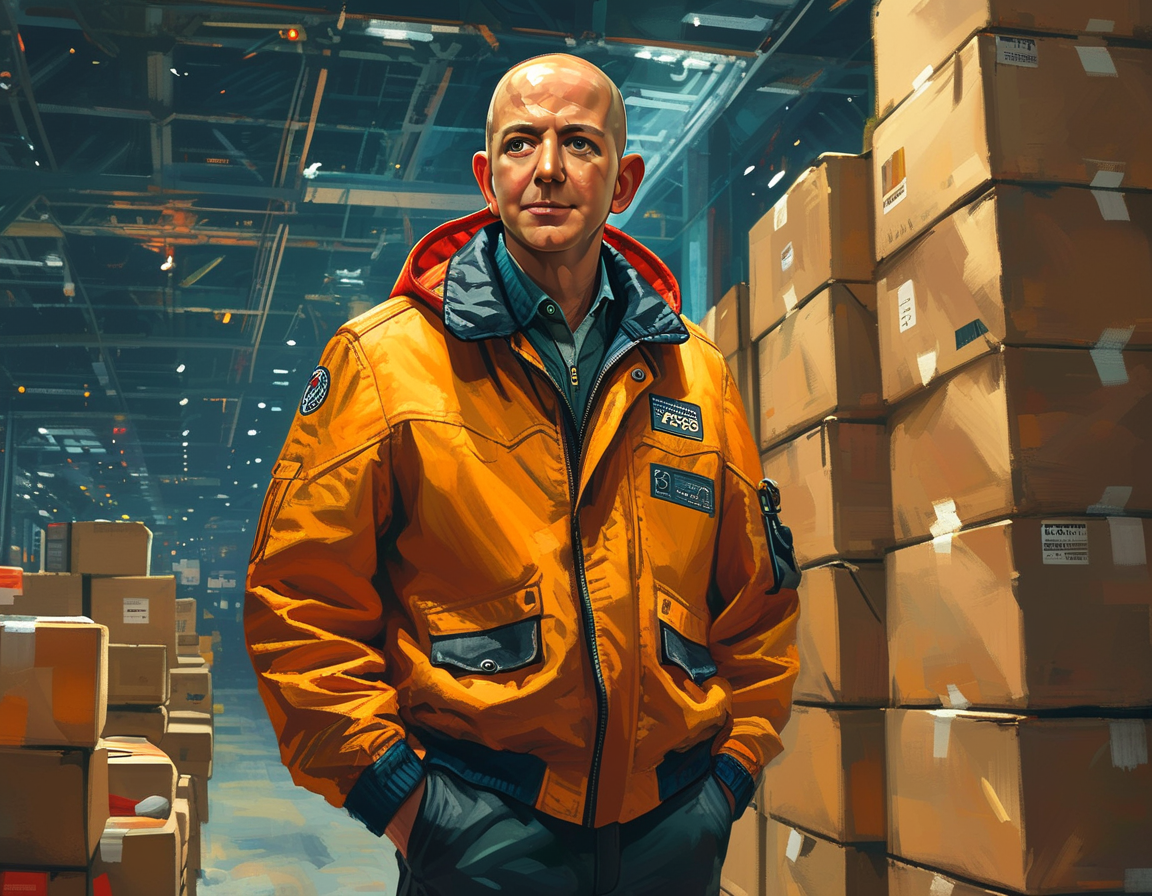 An illustration of Jeff Bezos standing in front of an Amazon delivery center, surrounded by packages, blending the themes of e-commerce and innovation in space exploration.