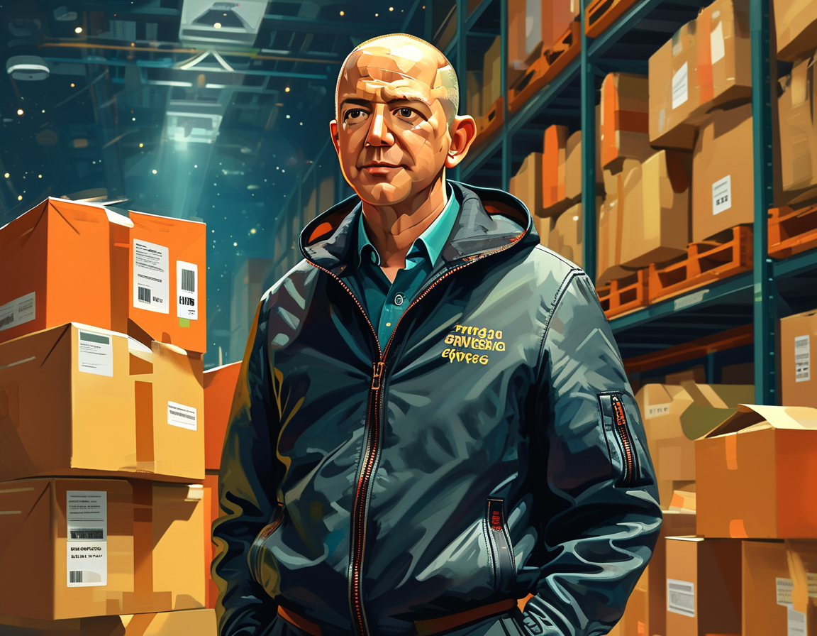 A depiction of Bezos in a spaceship, symbolizing his ambitions with Blue Origin and the future of space travel, reflecting his vision for humanity beyond Earth.
