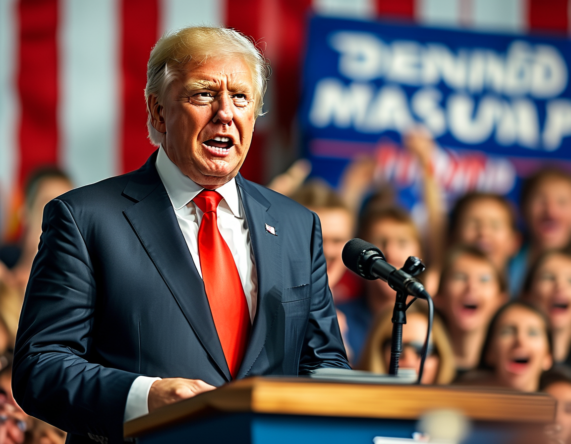 A vibrant image of Donald Trump speaking at a podium with an enthusiastic crowd, illustrating the lively atmosphere at AmericaFest. Behind him, visual hints of political themes and banners enhance the focus on his remarks about Elon Musk.