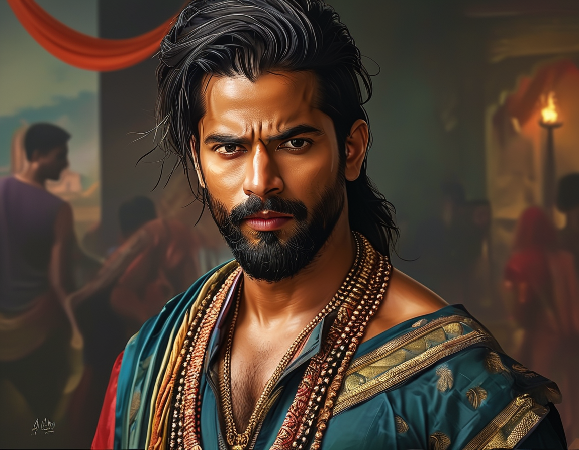 A portrait of Allu Arjun in a stylish outfit, showcasing his charismatic persona, with a backdrop of a film set symbolizing his journey from dancer to actor.