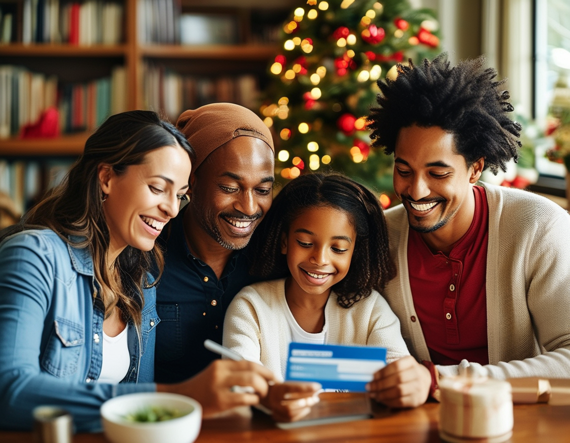 An informal gathering of diverse families joyfully discussing their unexpected financial relief while looking at their bank accounts, highlighting community support during the holiday season.