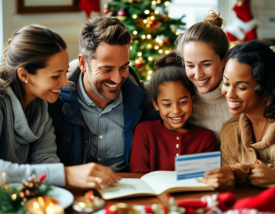 A cozy home scene with a family around a dining table, discussing their plans while holiday decorations are visible, capturing the spirit of togetherness and financial hope.