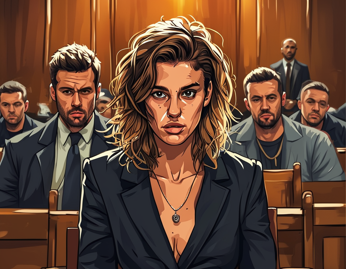 An illustration depicting Blake Lively in a serious courtroom setting, with Justin Baldoni in the background looking concerned. The ambiance suggests tension and drama, encapsulating the controversial nature of the lawsuit.
