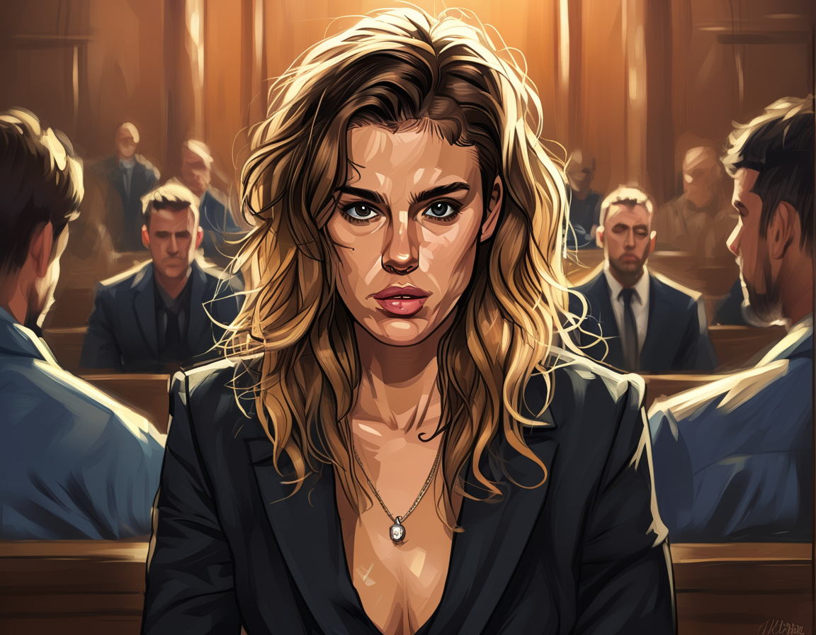 A courtroom scene highlighting the tension between celebrities, with documents referencing the lawsuit visible. The atmosphere is heavy, emphasizing the seriousness of the allegations and their implications on the industry.