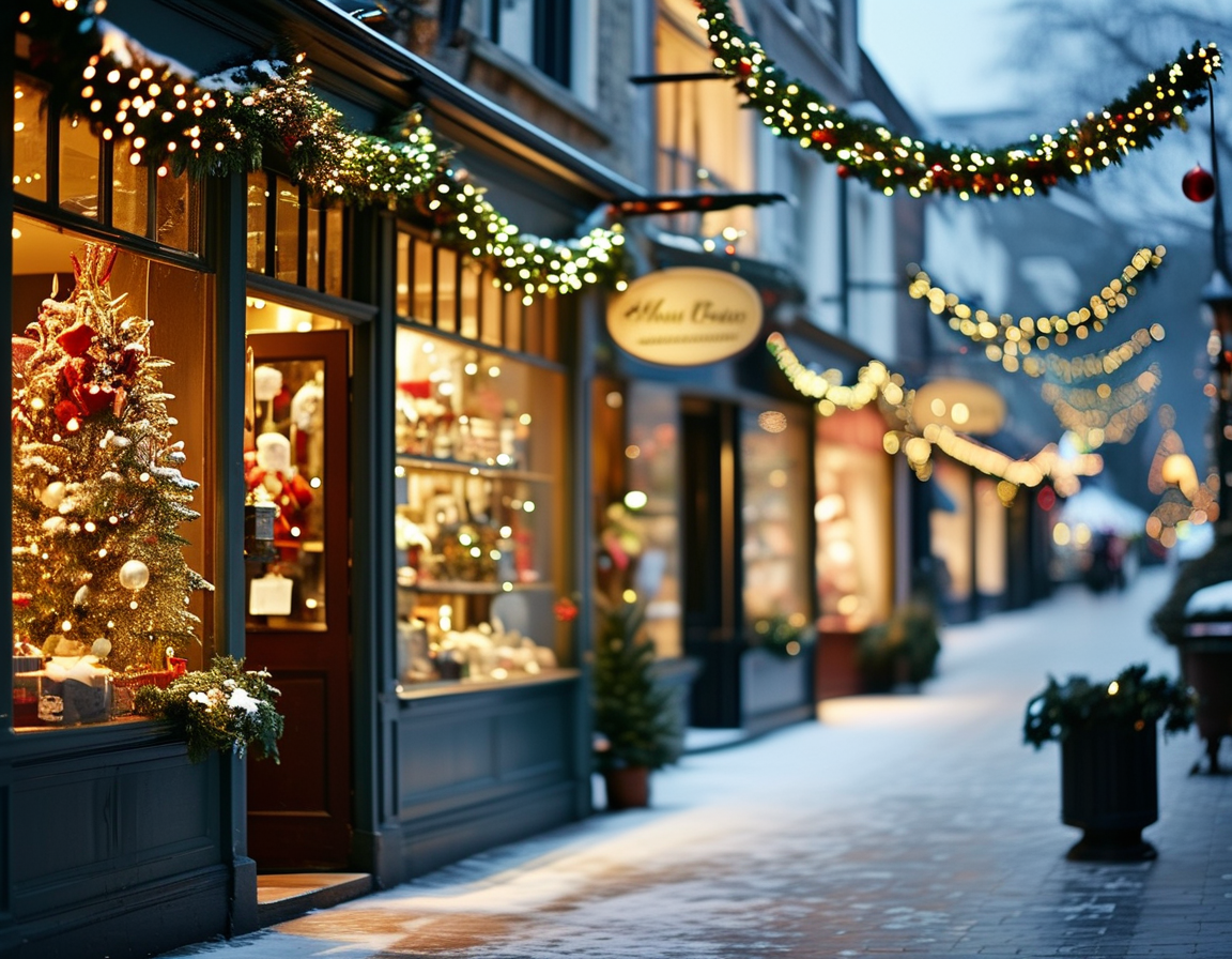 An empty street lined with shuttered stores decorated for the holidays, reflecting the typical scene of many businesses closed for Christmas, evoking a mix of melancholy and festive spirit.