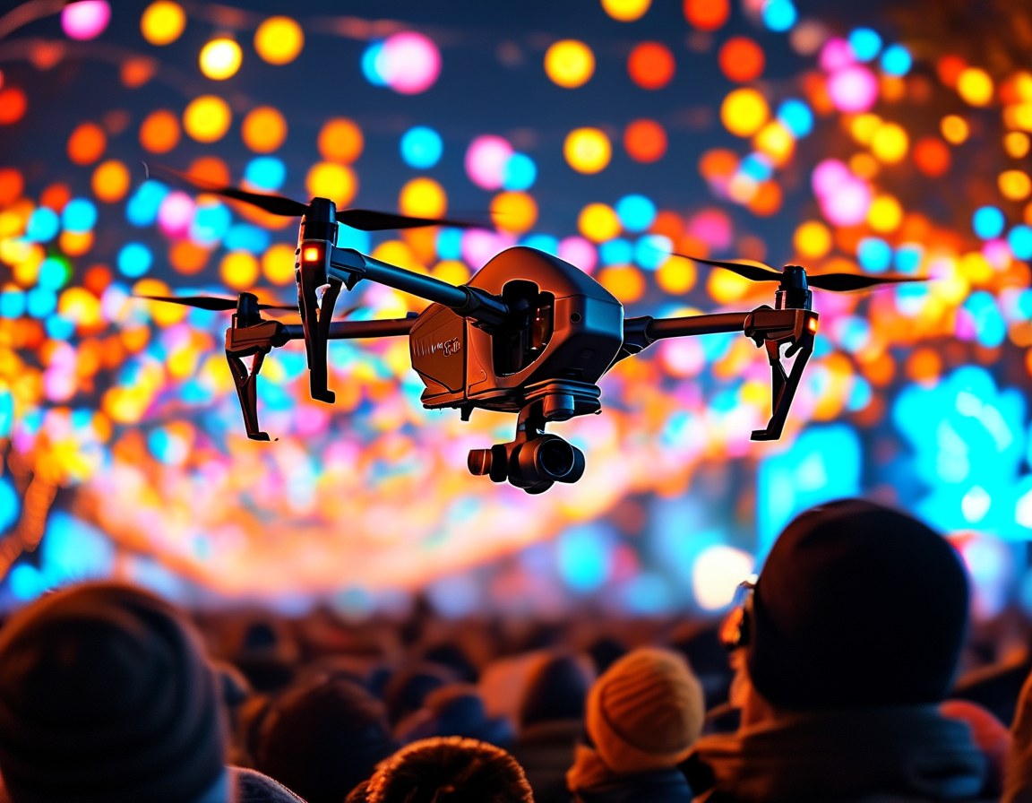 A drone hovering in the night sky, surrounded by colorful holiday lights, with a concerned audience watching below, reflecting the festive yet tense atmosphere of the holiday show.