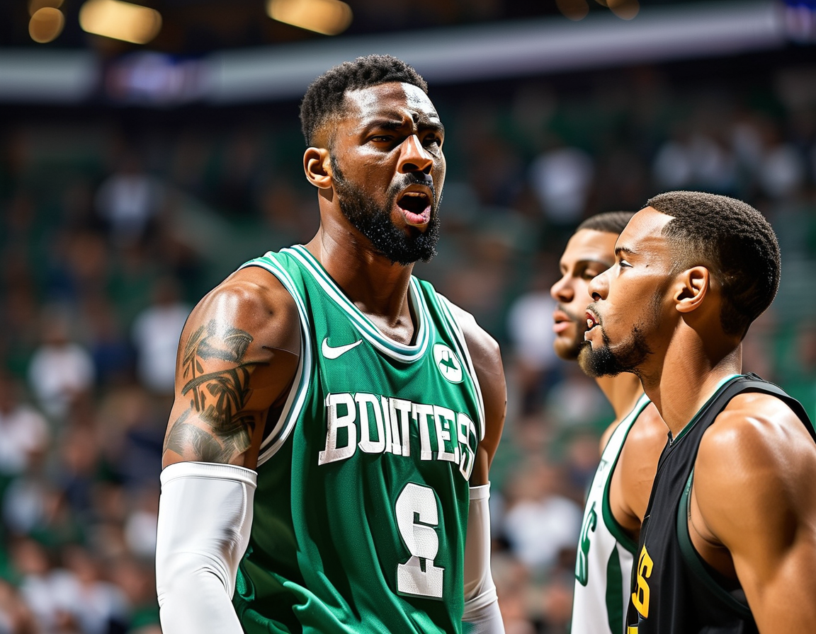 A Celtics player, Al Horford, looks determined on the court during a game, while teammates discuss strategy, underscoring the impact of Jayson Tatum's absence due to illness.