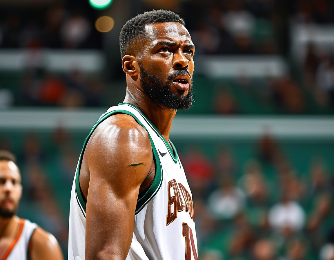 The Boston Celtics team huddles together on the sidelines, illustrating teamwork and strategy adjustments in response to Jayson Tatum's surprise absence before the game.