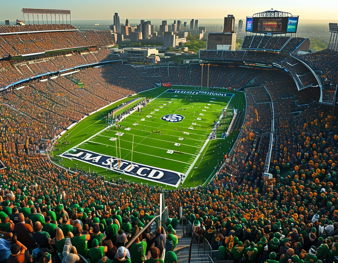 An aerial view of Lambeau Field packed with enthusiastic fans, brimming with excitement for the Monday Night Football game between the Packers and Saints. The vibrant green and gold colors of the Packers dominate the scene, while the tension of playoff implications hangs in the air.