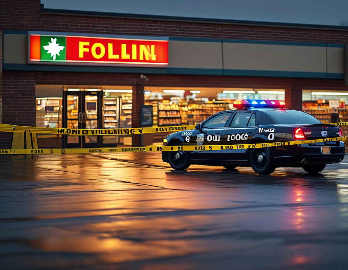 A somber scene at a Food Lion grocery store, with police cars and caution tape surrounding the entrance, illustrating the tragic incident involving Officer Horan.