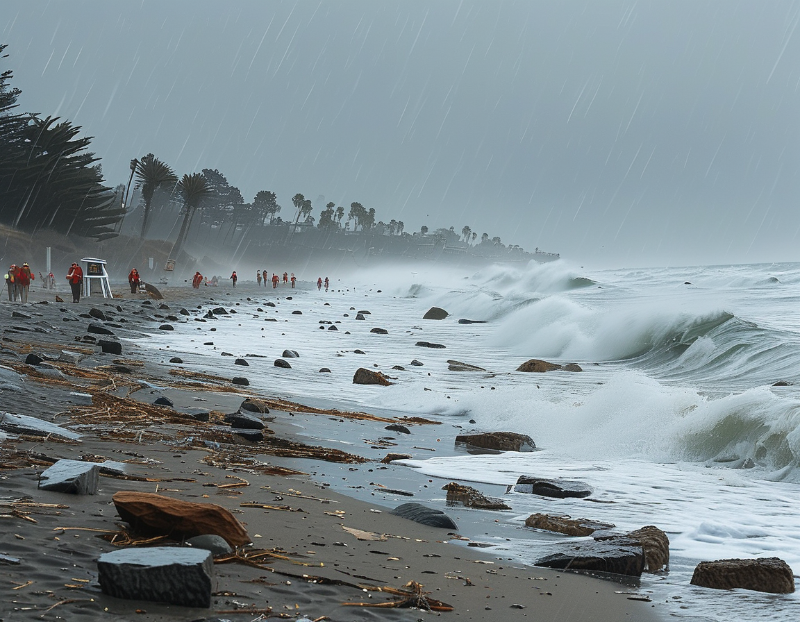 A tumultuous California beach scene during a storm, showcasing massive crashing waves and debris scattered along the shoreline. Lifeguards and emergency responders can be seen in the distance, emphasizing the urgent atmosphere.
