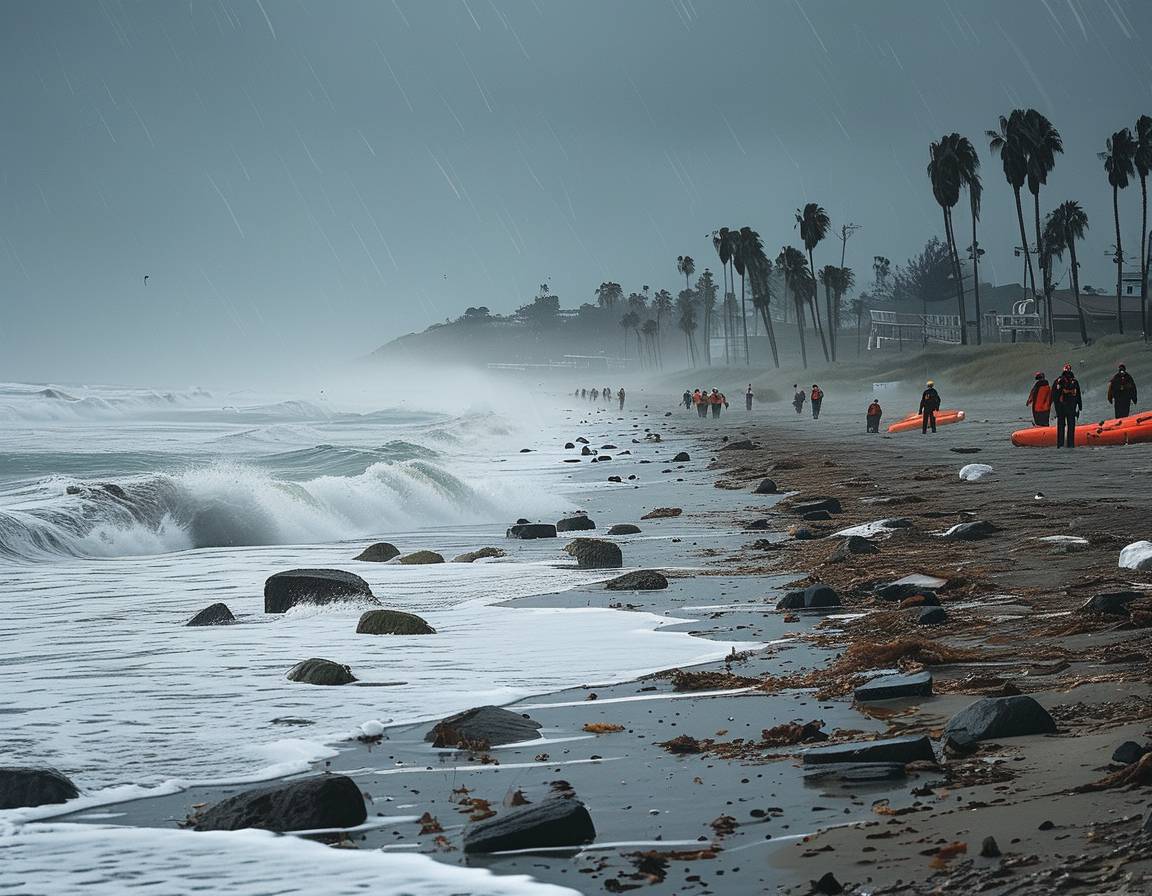 A partially collapsed pier on a stormy day, with water rushing around the remains of the structure, illustrating the destructive power of nature on coastal infrastructure.
