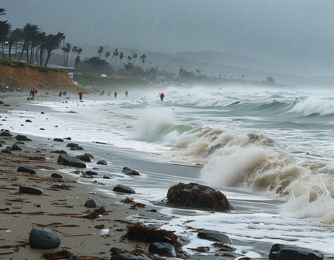 Evacuated beachfront houses under dark storm clouds, with heavy surf visible in the background, highlighting the threat posed to residents by extreme weather conditions.