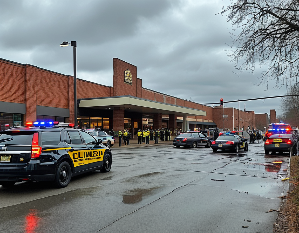 A somber scene outside a Greensboro Food Lion, with police cars and officers gathered, reflecting the chaos and tragedy of the shooting that claimed Officer Horan's life.