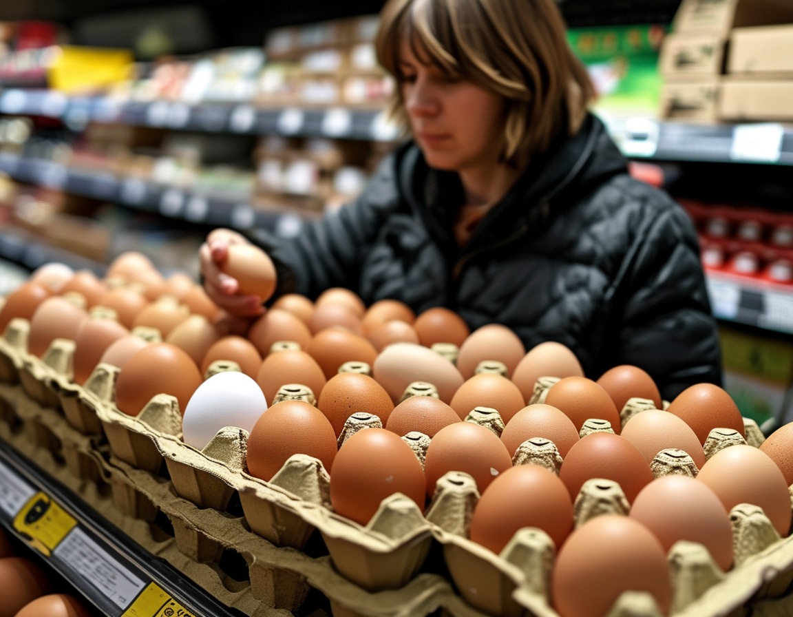 A consumer inspecting a dozen eggs in a grocery store, emphasizing the importance of checking for recalls and safety warnings. The eggs are in a carton marked with a date code and safety notice.