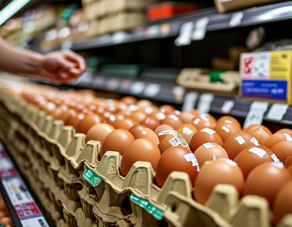 A warning sign in a grocery aisle indicating a food recall, with eggs prominently displayed. This visual underscores the urgency of food safety and consumer awareness.