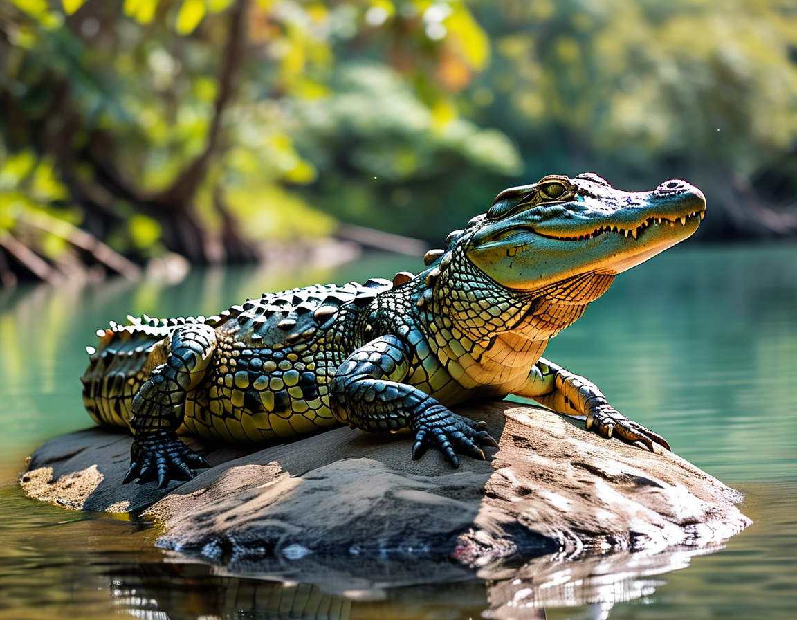 Burt the Crocodile basking on a rock at Crocosaurus Cove, showcasing his impressive size and strength, surrounded by clear water and a natural habitat.